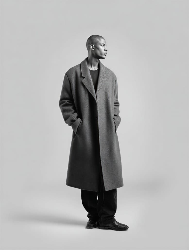 Black-and-white studio portrait of a man in a long overcoat