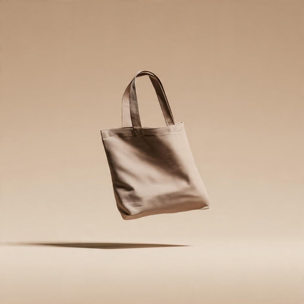 Minimalist tan canvas tote suspended on a matching studio field
