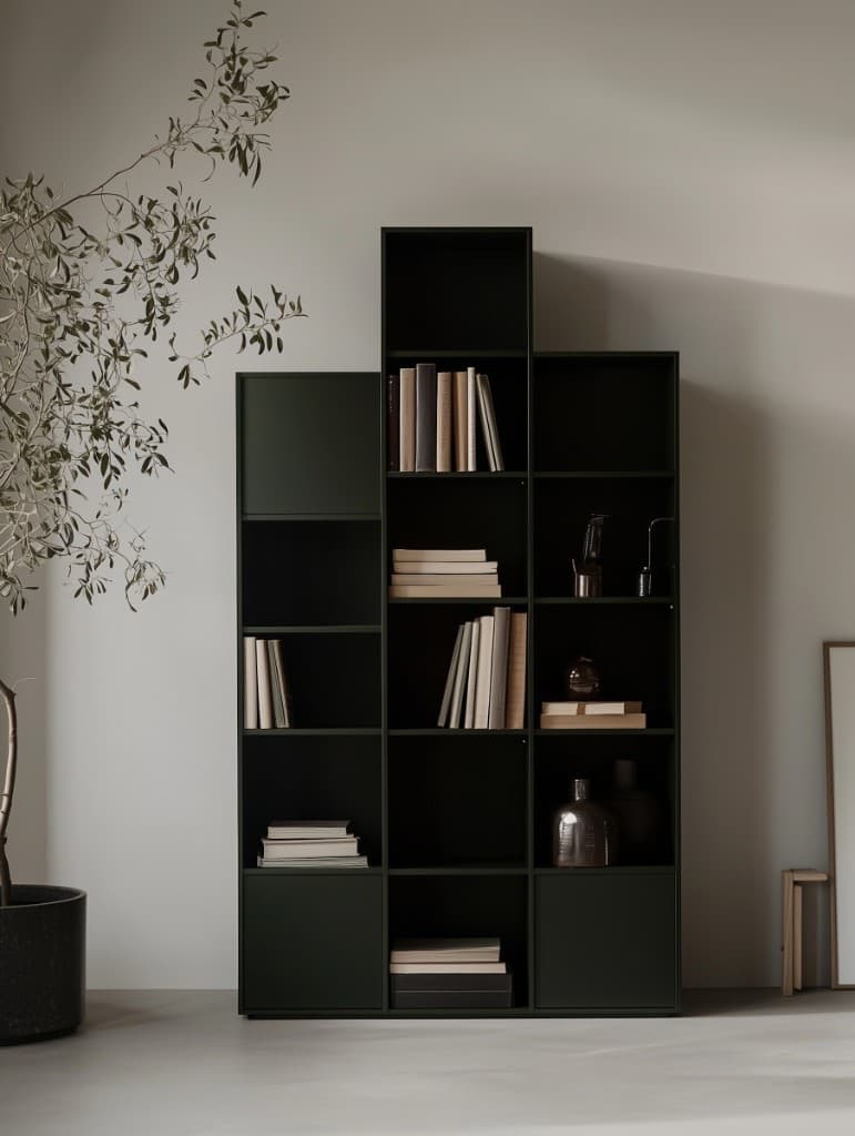 Minimalist dark bookshelf with curated books and objects against a light wall