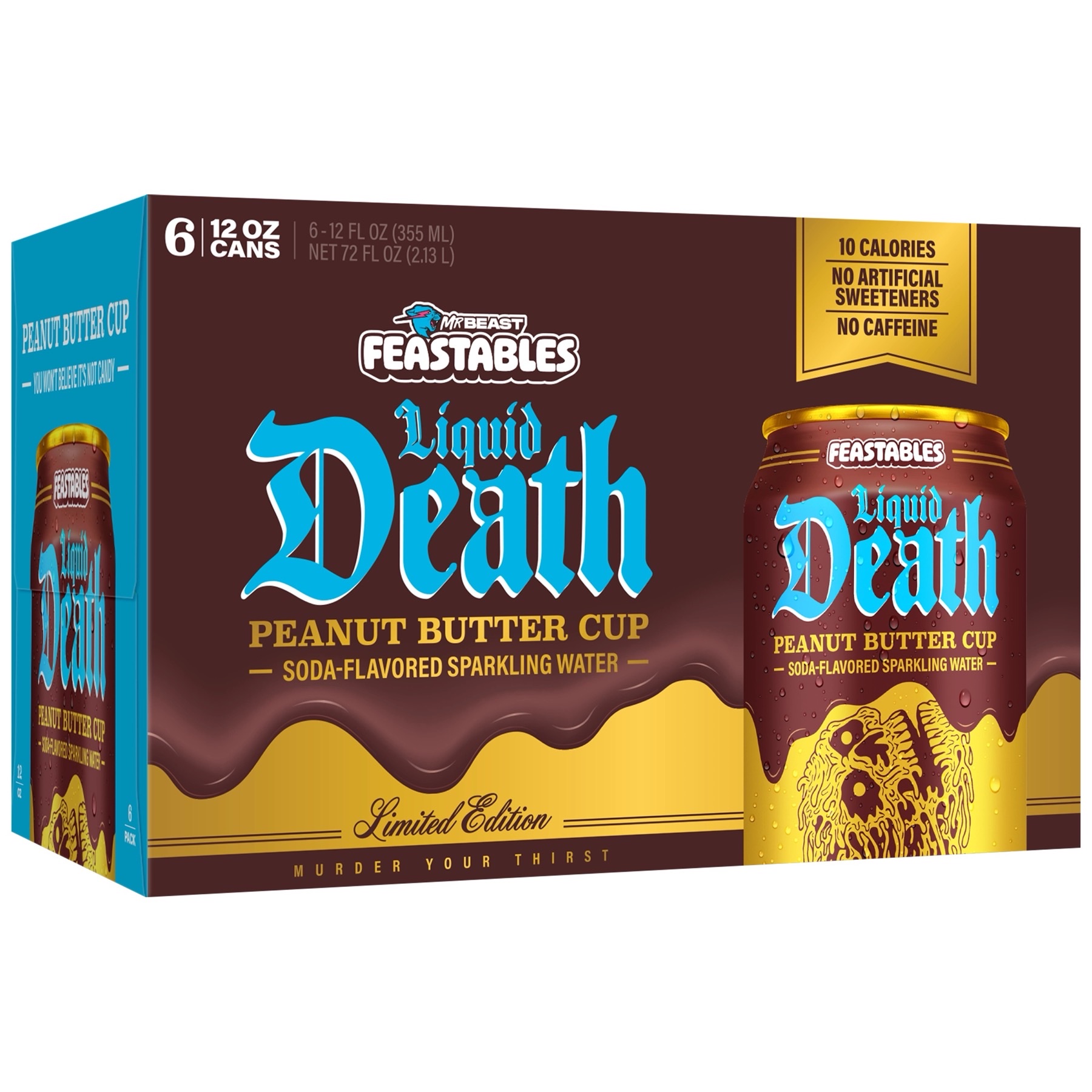 Liquid Death cans lined up on a studio field