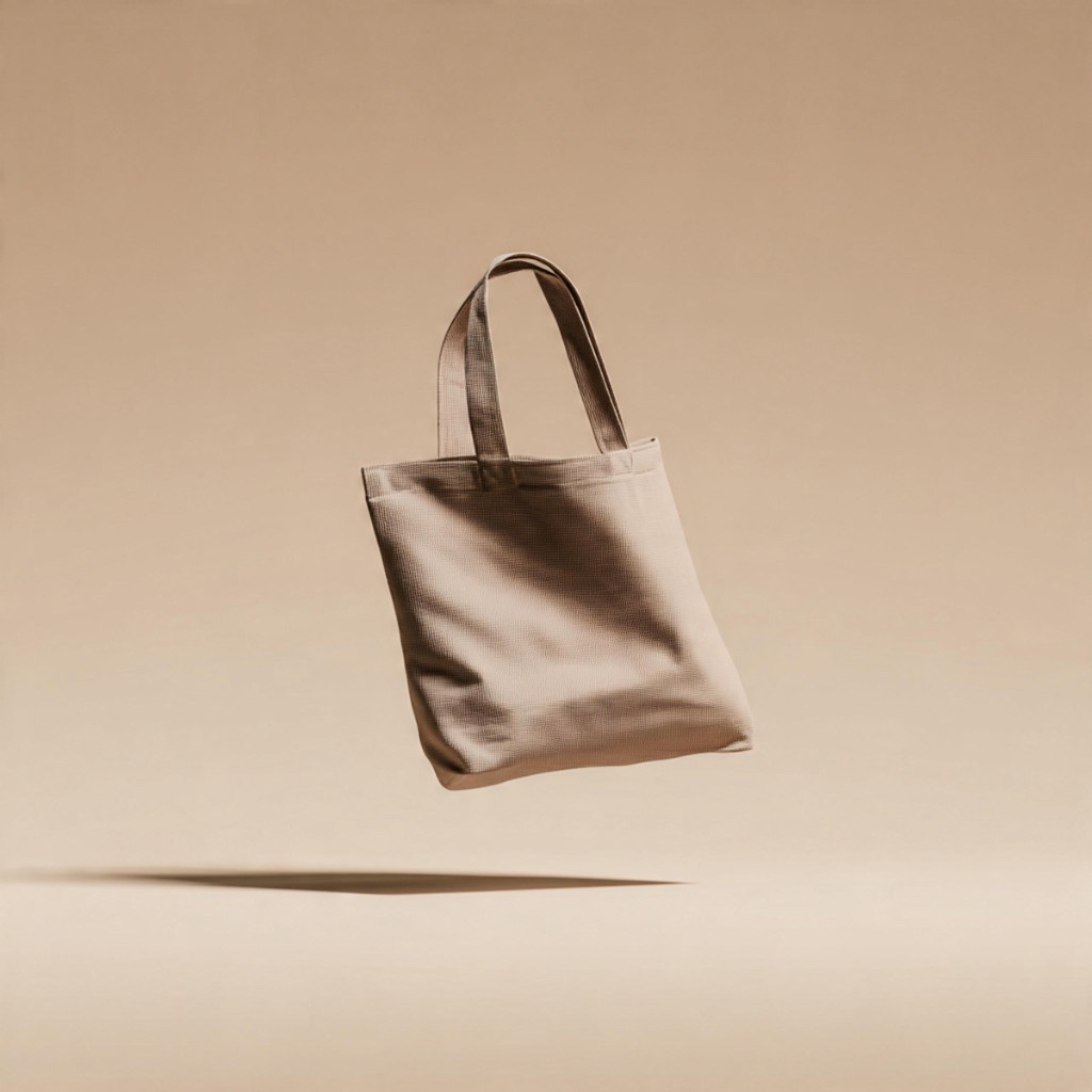 Minimalist tan canvas tote suspended on a matching studio field